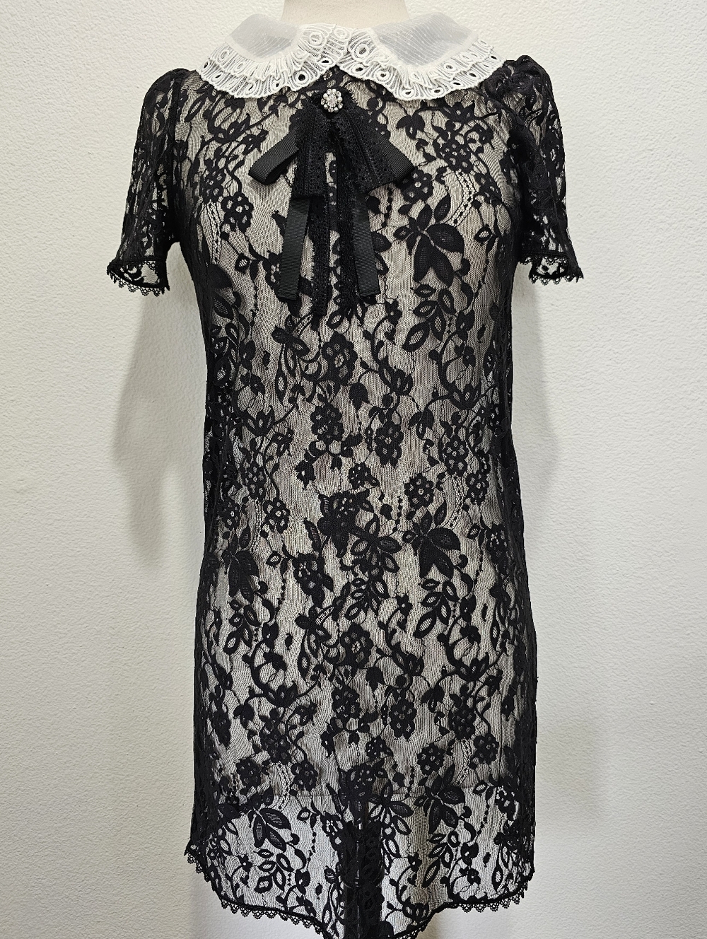 Black Lace Overlay Dress with White  Collar